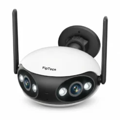 Панорамна WiFi камера FipTec с двоен обектив и антени на чист бял фон, предоставяща широкоъгълна охрана за дома и пълна сигурност с изключително лесен контрол.
