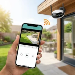 Ръка държи смартфон с приложението iCSee, показващо картина на живо от панорамна WiFi камера FipTec в двора, осигурявайки лесен смарт контрол и надеждна защита за вашето пълно спокойствие и сигурност.