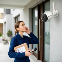 Жена доставчик пред входна врата, комуникираща през бяла външна смарт WiFi камера FipTec благодарение на функцията за двупосочно аудио. Осигурете си надеждна охрана и интелигентна сигурност за вашето пълно спокойствие.