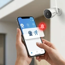 Ръце държат смартфон с активно известие за засечено движение от външна смарт WiFi камера FipTec, монтирана на бяла фасада. Осигурете си надеждна охрана и интелигентна сигурност за вашето пълно спокойствие чрез мигновени известия директно на телефона.