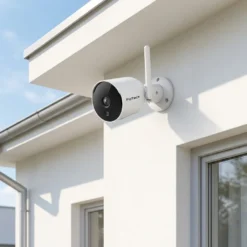 Бяла външна смарт WiFi камера FipTec, монтирана на фасадата на модерна къща под открито небе. Осигурете си надеждна охрана и интелигентна сигурност за вашето пълно спокойствие у дома.