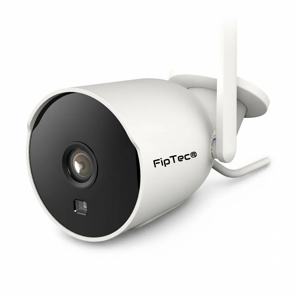 Бяла външна смарт WiFi камера FipTec, представена на изчистен бял фон. Осигурете си надеждна охрана и интелигентна сигурност за вашето пълно спокойствие у дома или в бизнеса.