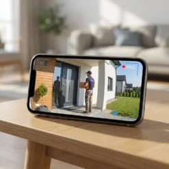 Смартфон, показващ в реално време видео запис от външна смарт WiFi камера FipTec на доставчик пред входната врата на къща. Осигурете си надеждна охрана и интелигентна сигурност за вашето пълно спокойствие чрез отдалечен мониторинг.