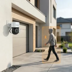 Бяла външна въртяща се смарт WiFi камера FipTec, монтирана на фасада, демонстрираща функция за прецизно засичане на човешко движение пред гараж. Осигурете си надеждна охрана и интелигентна сигурност за вашето пълно спокойствие чрез мигновени известия при разпознаване на хора.