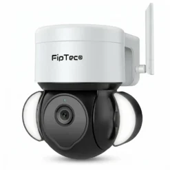 Бяла външна смарт WiFi камера FipTec с въртящ се обектив и интегрирано осветление, представена на изчистен бял фон. Осигурете си надеждна охрана и интелигентна сигурност за вашето пълно спокойствие у дома или в бизнеса.