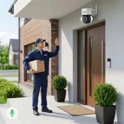 Доставчик пред входна врата, комуникиращ през бяла външна въртяща се смарт WiFi камера FipTec чрез функцията за двупосочно аудио. Осигурете си надеждна охрана и интелигентна сигурност за вашето пълно спокойствие чрез лесна комуникация от всяко място.