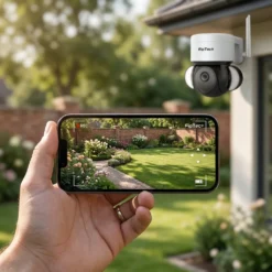 Ръка държи смартфон, показващ картина на живо от външна въртяща се смарт WiFi камера FipTec, насочена към красива градина. Осигурете си надеждна охрана и интелигентна сигурност за вашето пълно спокойствие чрез дистанционно управление на ъгъла на виждане директно от телефона.