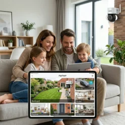 Усмихнато семейство на диван в хол, наблюдаващо едновременно кадри от множество смарт WiFi камери FipTec през приложение на таблет. Интелигентната система за сигурност позволява лесен мониторинг на целия дом, осигурявайки ви надеждна охрана и интелигентна сигурност за вашето пълно спокойствие.