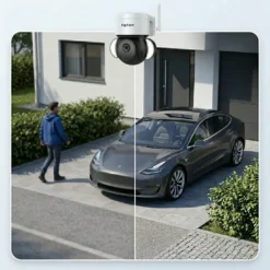 Разделен екран, демонстриращ разликата между стандартно качество и кристално ясна резолюция на бяла външна въртяща се смарт WiFi камера FipTec, наблюдаваща преден двор с паркиран автомобил. Осигурете си надеждна охрана и интелигентна сигурност за вашето пълно спокойствие.