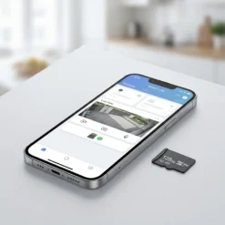 Смартфон с приложението Smart Life, показващ картина на живо от външна WiFi камера FipTec, и MicroSD карта за локално съхранение на видео записи. Осигурете си надеждна охрана и интелигентна сигурност за вашето пълно спокойствие чрез лесен контрол и сигурен запис на данни.