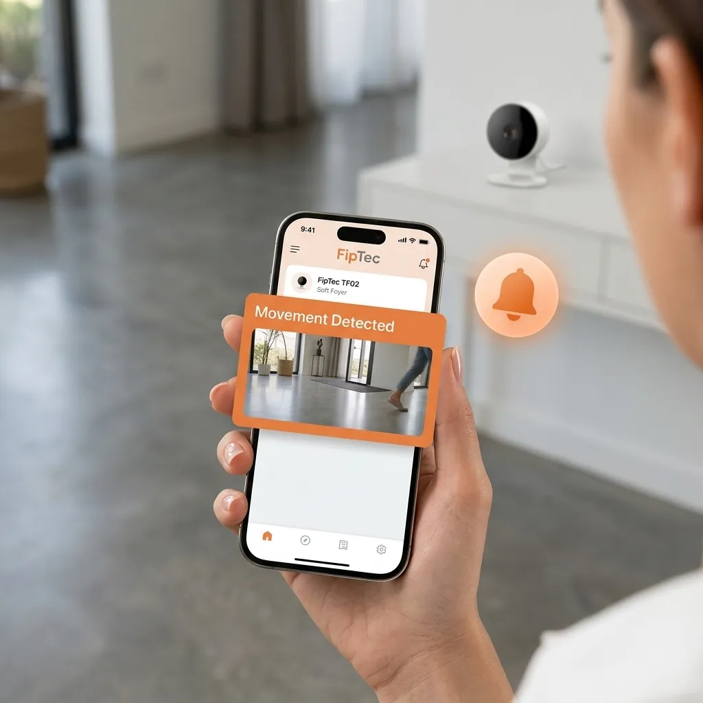 Ръка държи смартфон с активно известие за засечено движение от вътрешна смарт WiFi камера FipTec, разположена в модерен хол. Осигурете си надеждна охрана и интелигентна сигурност за вашето пълно спокойствие чрез мигновени известия директно на телефона.