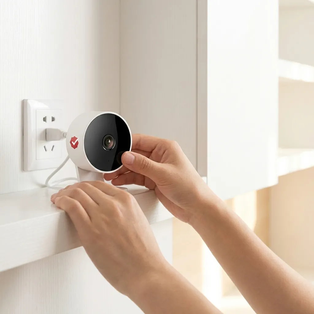 Ръце позиционират бяла вътрешна смарт WiFi камера FipTec върху етажерка, демонстрирайки лесен процес на инсталация и настройка. Осигурете си надеждна охрана и интелигентна сигурност за вашето пълно спокойствие у дома.