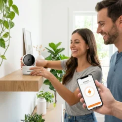 Усмихната двойка настройва бяла вътрешна смарт WiFi камера FipTec върху дървена етажерка, следвайки лесен процес на инсталация през мобилно приложение. Осигурете си надеждна охрана и интелигентна сигурност за вашето пълно спокойствие у дома.