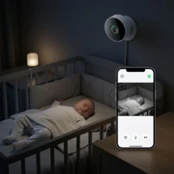 Бяла вътрешна смарт WiFi камера FipTec, монтирана на стена, предаваща картина от нощно виждане на спящо бебе директно към смартфон. Осигурете си надеждна охрана и интелигентна сигурност за вашето пълно спокойствие.