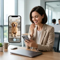 Усмихната жена в офис наблюдава своето куче през приложението FipTec на смартфон. Функцията за двупосочно аудио на вътрешната смарт WiFi камера позволява лесна комуникация с вашия домашен любимец, осигурявайки ви надеждна охрана и интелигентна сигурност за пълно спокойствие.