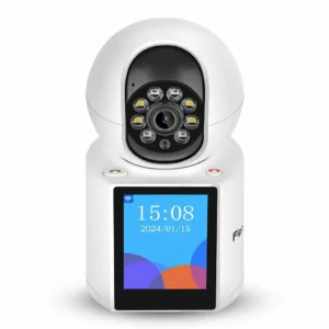 Бяла вътрешна смарт WiFi камера FipTec с вграден LCD екран и бутони за видео разговори, представена на изчистен бял фон. Осигурете си надеждна охрана и интелигентна сигурност за вашето пълно спокойствие у дома.