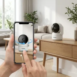 Ръце държат смартфон, демонстриращ дистанционно управление на ротацията на бяла вътрешна смарт WiFi камера FipTec в модерен хол. Осигурете си пълен контрол, надеждна охрана и интелигентна сигурност за вашето пълно спокойствие.