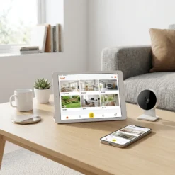 Таблет и смартфон, показващи приложението за едновременно наблюдение на множество стаи от вътрешни WiFi камери FipTec, разположени до компактна бяла камера върху масичка. Осигурете си надеждна охрана и интелигентна сигурност за вашето пълно спокойствие чрез лесен контрол от всяко смарт устройство.