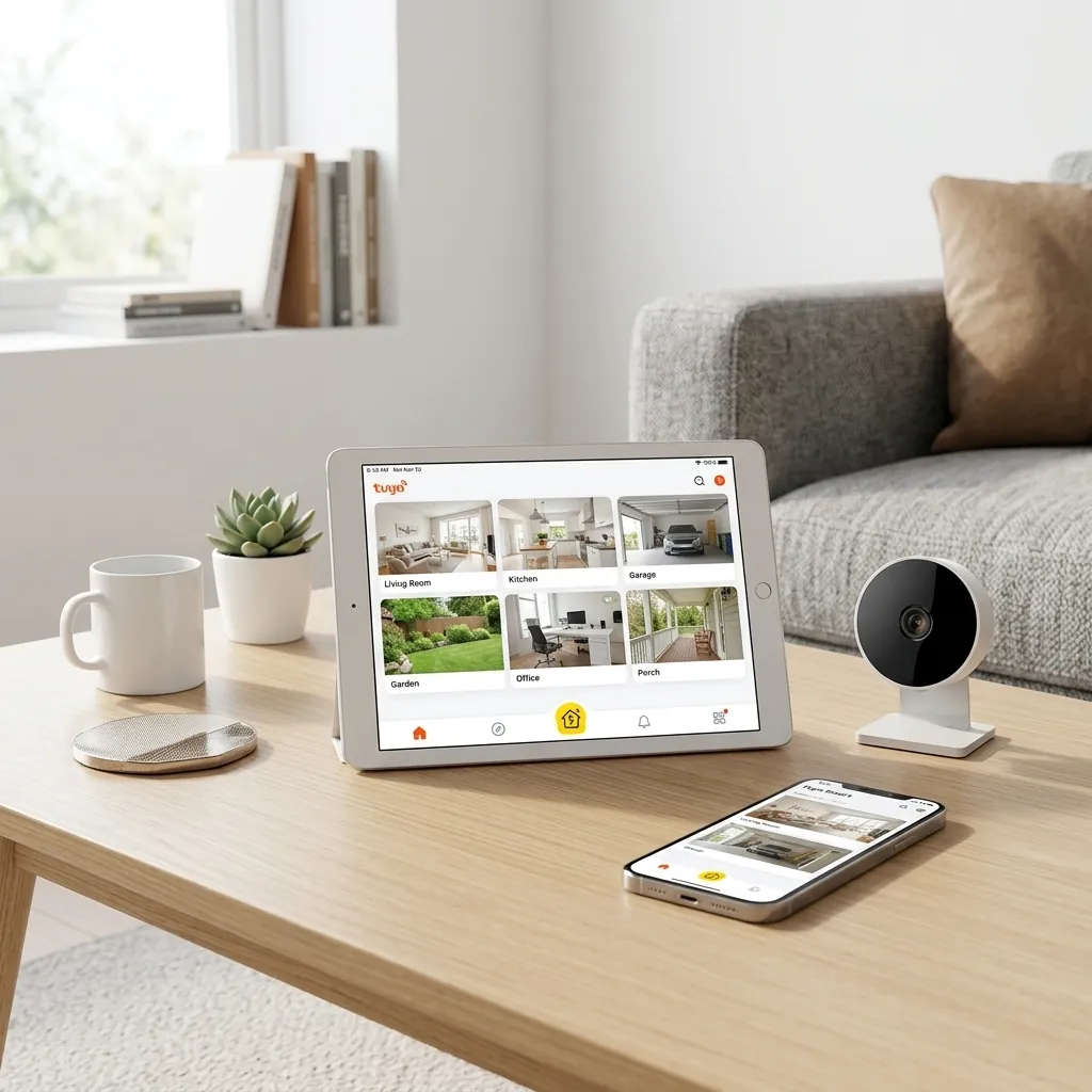 Таблет и смартфон, показващи приложението за едновременно наблюдение на множество стаи от вътрешни WiFi камери FipTec, разположени до компактна бяла камера върху масичка. Осигурете си надеждна охрана и интелигентна сигурност за вашето пълно спокойствие чрез лесен контрол от всяко смарт устройство.