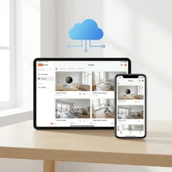 Таблет и смартфон, показващи приложението за наблюдение от вътрешни WiFi камери FipTec и икона за облачно съхранение на данни. Осигурете си надеждна охрана и интелигентна сигурност за вашето пълно спокойствие чрез достъп от всяко устройство.