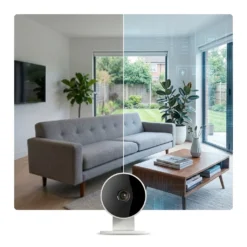 Разделен екран, демонстриращ разликата между стандартно качество и кристална 3MP резолюция на бяла вътрешна WiFi камера FipTec в модерен хол. Осигурете си надеждна охрана и интелигентна сигурност за вашето пълно спокойствие с по-детайлна картина.