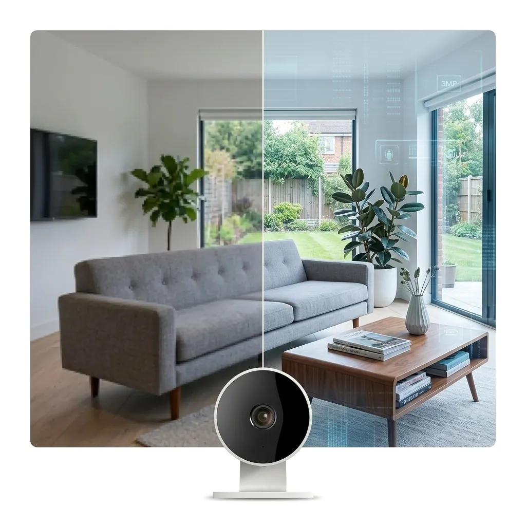 Разделен екран, демонстриращ разликата между стандартно качество и кристална 3MP резолюция на бяла вътрешна WiFi камера FipTec в модерен хол. Осигурете си надеждна охрана и интелигентна сигурност за вашето пълно спокойствие с по-детайлна картина.