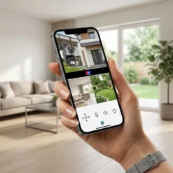 Ръка, държаща смартфон с мобилното приложение на FipTec, показващо видео в реално време от охранителни камери в светъл хол. Осигурете си лесен контрол и постоянна защита за вашето семейство.