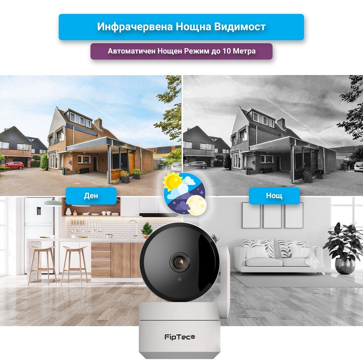Камера за наблюдение FipTec TF05 - нощен режим с видимост до 10 метра. Осигурява ясни изображения и надеждна защита, дори при липса на осветление.