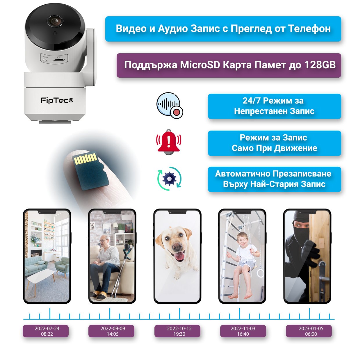 Камера за наблюдение FipTec TF05 със слот за microSD карта до 128GB. Тази функция позволява съхранението на голямо количество видеозаписи директно на камерата.