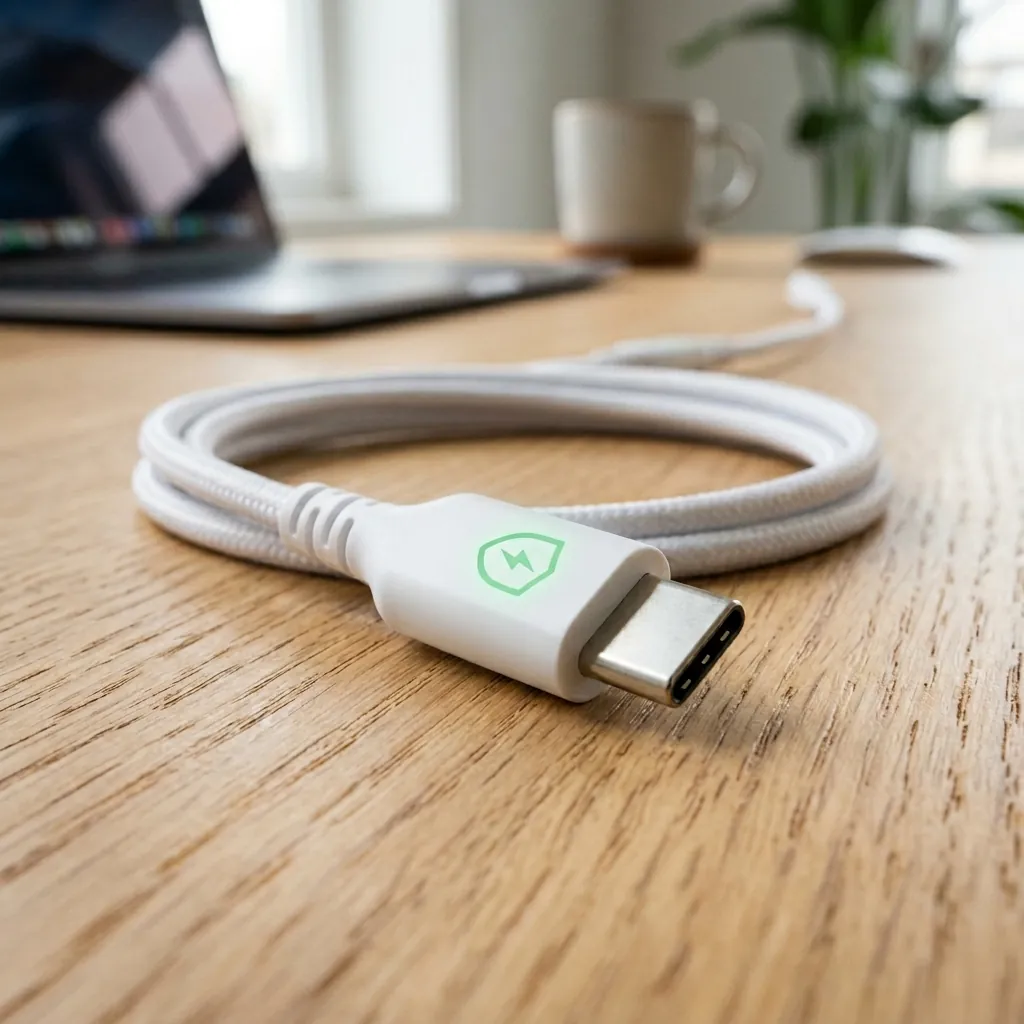 Бял плетен USB-C кабел FipTec за захранване на охранителни камери върху дървено бюро. Зеленият символ гарантира надеждна защита и непрекъснато захранване за вашата домашна сигурност и пълно спокойствие.