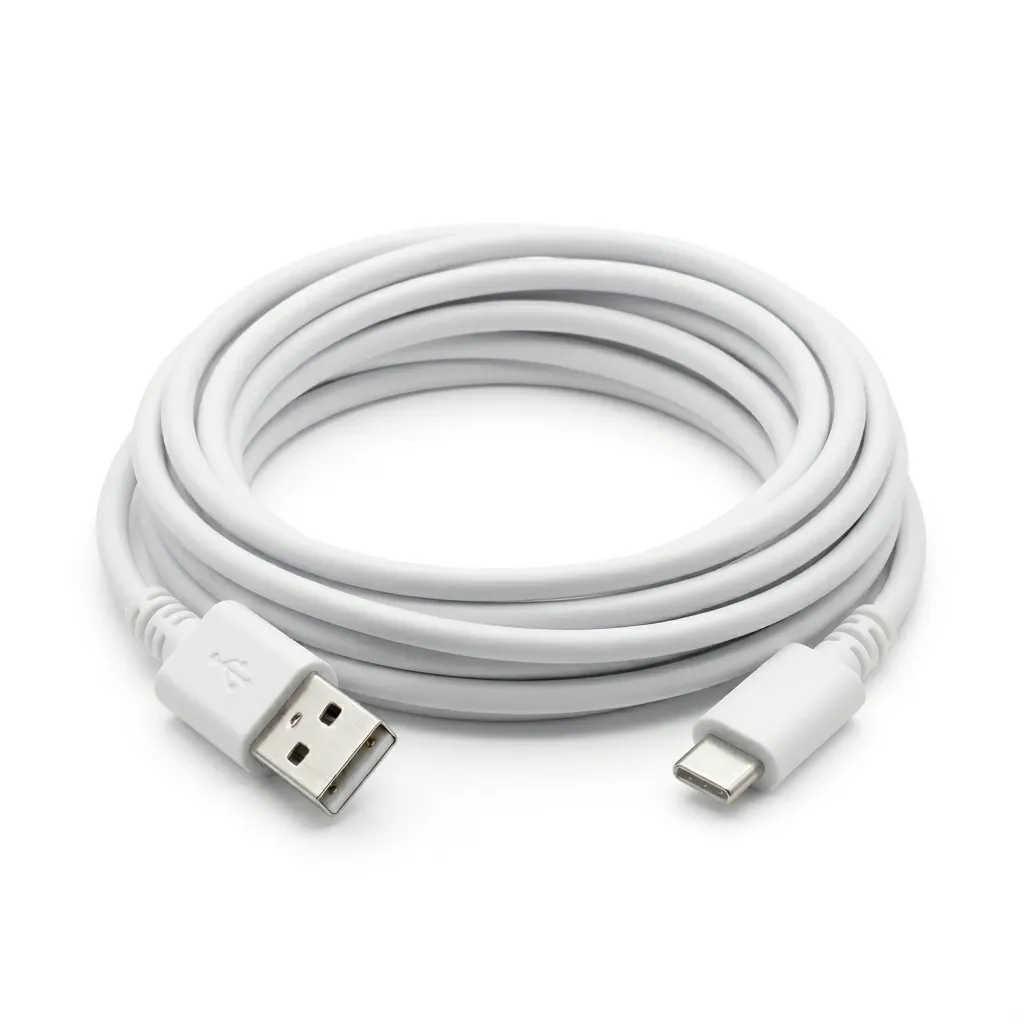 Бял USB-C захранващ кабел FipTec за охранителни камери, навит върху чист бял фон. Осигурява стабилна и надеждна връзка за вашата система за сигурност, гарантирайки ви ежедневно спокойствие и защита.