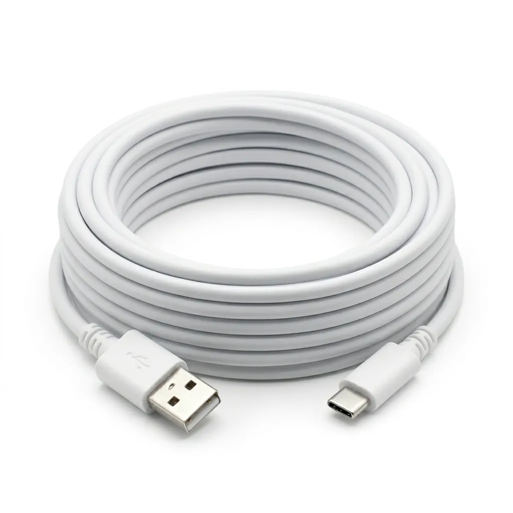 Бял USB-C захранващ кабел FipTec за охранителни камери, навит върху чист бял фон. Осигурява стабилна и надеждна връзка за вашата система за сигурност, гарантирайки ви ежедневно спокойствие и защита.