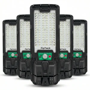 Снимка на комплект от пет соларни LED лампи FipTec със сензор за движение за външна охрана. Гарантират надеждна защита и спокойствие чрез лесен контрол и сигурност за вашия дом.