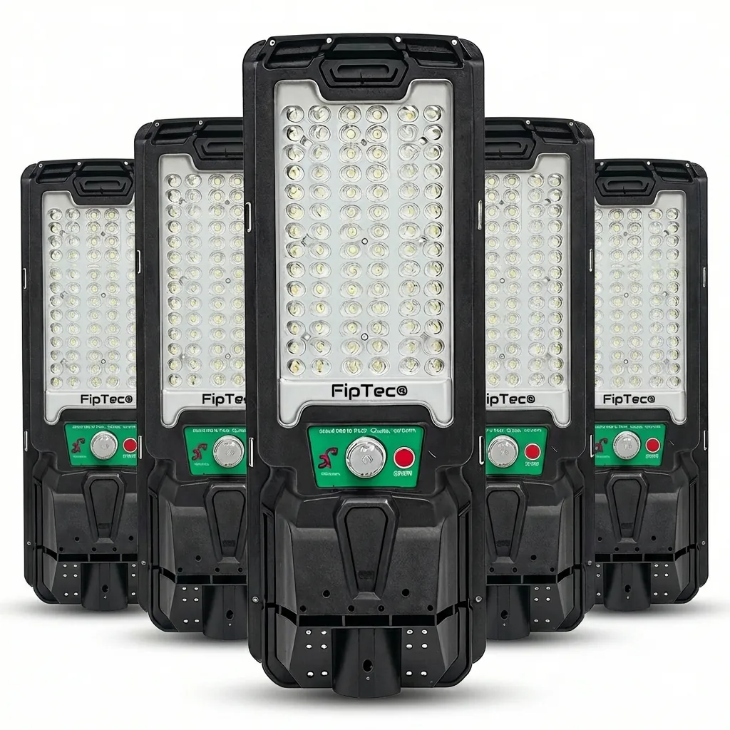 Снимка на комплект от пет соларни LED лампи FipTec със сензор за движение за външна охрана. Гарантират надеждна защита и спокойствие чрез лесен контрол и сигурност за вашия дом.