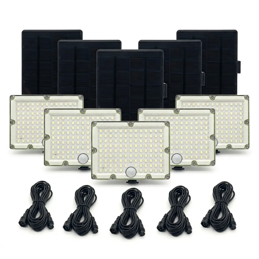 Пълен комплект от пет соларни LED прожектора FipTec с отделни панели за лесен DIY монтаж. Подсигурете периметъра на дома си за надеждна защита и пълно спокойствие.