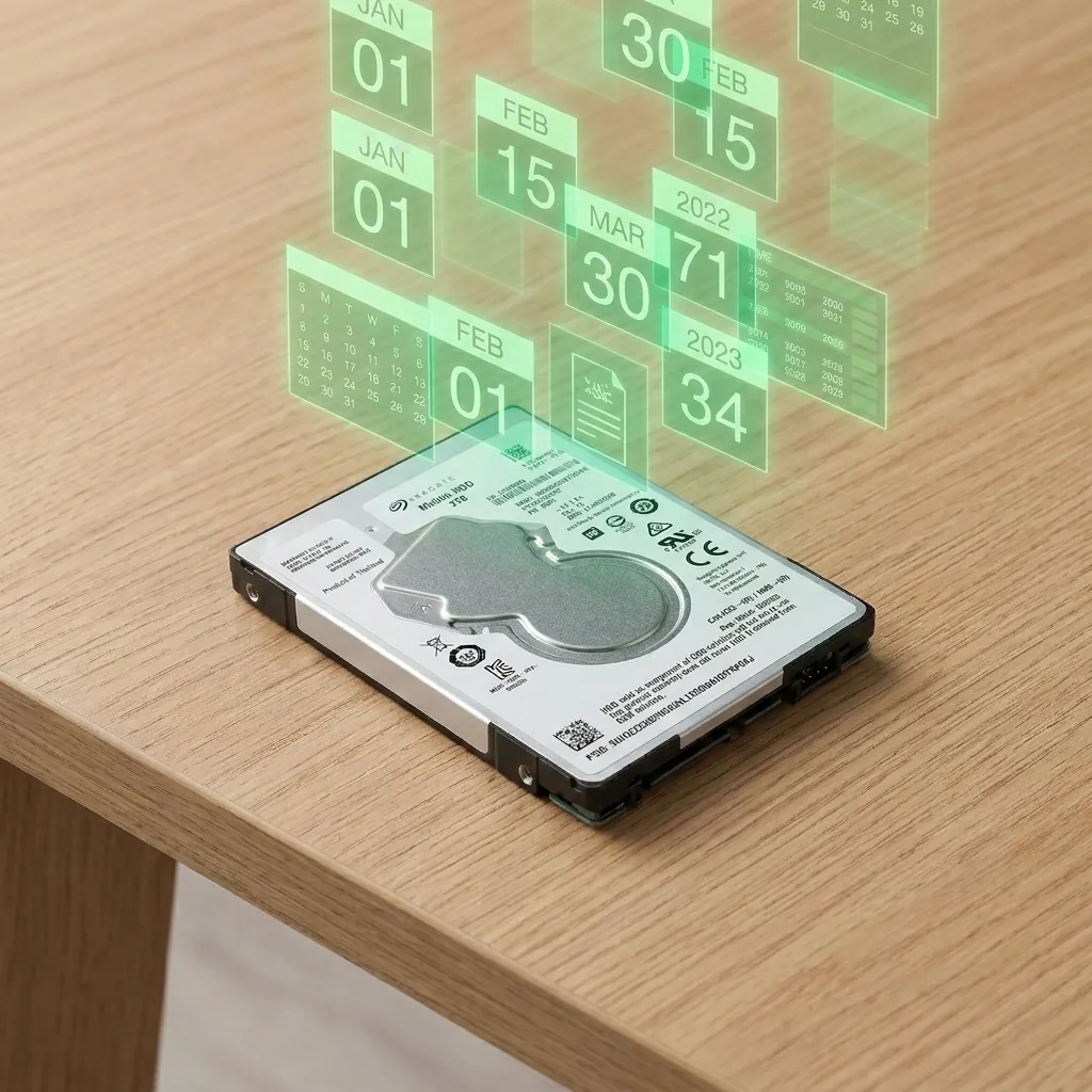 Твърд диск Seagate за FipTec устройства, изобразен с календарен архив за дългосрочно съхранение на записи. Гарантирайте защитата на дома си с надеждна памет и пълно спокойствие.
