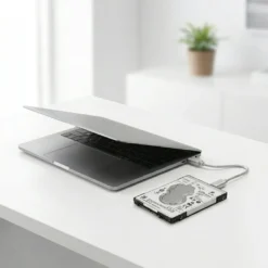 Вътрешен твърд диск Seagate от FipTec, свързан към лаптоп за бърз преглед на видеозаписи, гарантиращ сигурност и лесен контрол върху вашата домашна охрана и лично спокойствие.