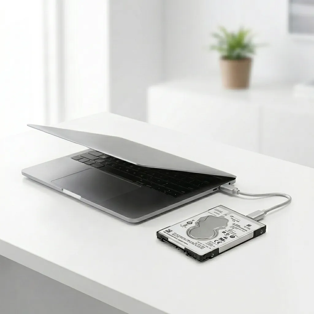 Вътрешен твърд диск Seagate от FipTec, свързан към лаптоп за бърз преглед на видеозаписи, гарантиращ сигурност и лесен контрол върху вашата домашна охрана и лично спокойствие.