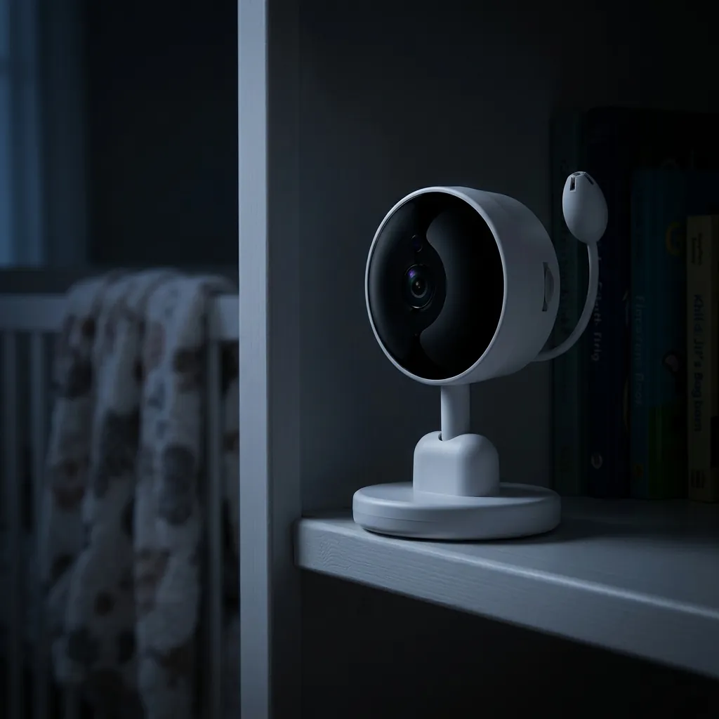 Смарт бебефон FipTec с нощно виждане, разположен на етажерка в затъмнена детска стая до бебешко легло. Осигурете си надеждна защита и пълно спокойствие за вашето дете по всяко време.