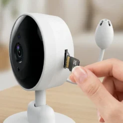 Ръка внимателно поставя MicroSD карта памет в безжичен смарт бебефон FipTec за сигурен локален запис. Тази Wi-Fi камера осигурява надеждна защита и спокойствие с изключително лесен контрол.