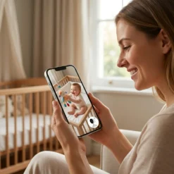 Щастлива майка наблюдава през своя смартфон как бебето си играе в кошарката чрез смарт бебефон FipTec. Безжичната камера осигурява надеждна сигурност и пълно спокойствие за всеки родител.