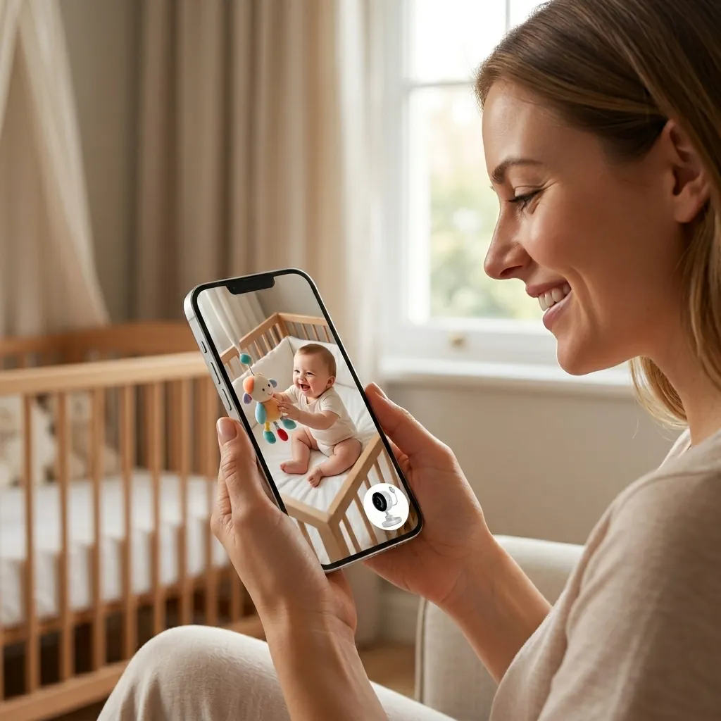 Щастлива майка наблюдава през своя смартфон как бебето си играе в кошарката чрез смарт бебефон FipTec. Безжичната камера осигурява надеждна сигурност и пълно спокойствие за всеки родител.