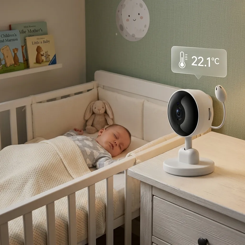 Смарт бебефон FipTec с датчик за температура, разположен до спящо бебе в кошарка. Тази безжична камера осигурява надеждна защита и пълно спокойствие за здравето на вашето дете.