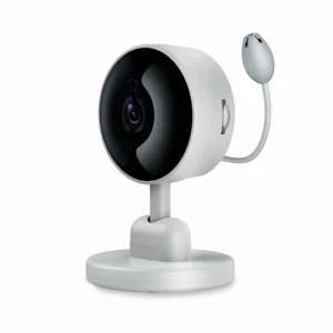 Модерен бял смарт бебефон FipTec с гъвкав сензор и изчистен дизайн, заснет на чист бял фон. Осигурява интелигентно видеонаблюдение за вашето дете и пълно спокойствие за дома с лесен контрол.