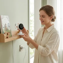 Усмихната майка държи интелигентен бебефон FipTec на дървена полица до детски книги. Безжичната Wi-Fi камера ви дава спокойствие и защита без сложни системи.