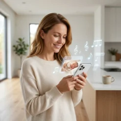 Усмихната майка в модерна кухня наблюдава спящото си бебе през смарт бебефон FipTec на своя смартфон. Интелигентната Wi-Fi камера осигурява защита и истинско спокойствие с лесен контрол.