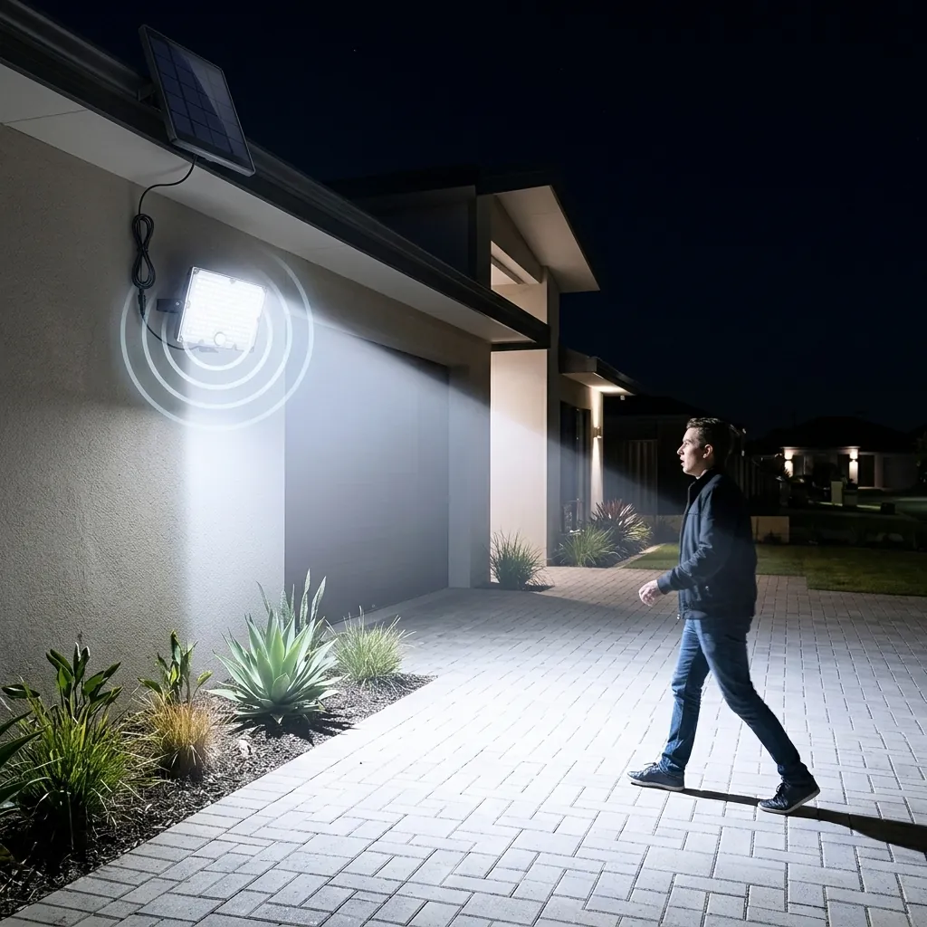 Соларен LED прожектор FipTec с датчик за движение, който автоматично осветява преминаващ човек пред гаража през нощта. Тази интелигентна система осигурява надеждна защита и спокойствие за Вашия дом.