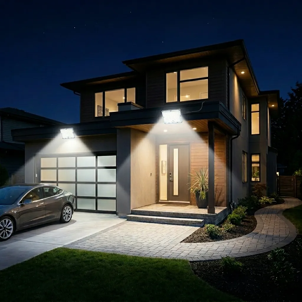 Модерна къща през нощта, осветена от два соларни LED прожектора FipTec, разположени над гаража и входната врата. Мощното осветление гарантира сигурност на имуществото и дискретно спокойствие за семейството.