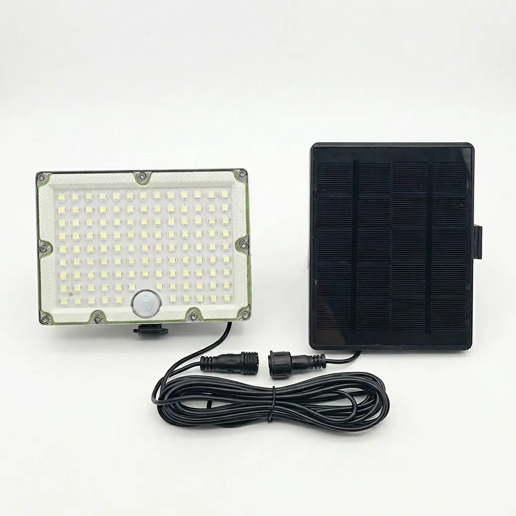 Индивидуален комплект соларен LED прожектор FipTec с отделен фотоволтаичен панел и свързващ кабел на бял фон. Осигурете си надеждна външна защита и пълно спокойствие чрез лесен монтаж.