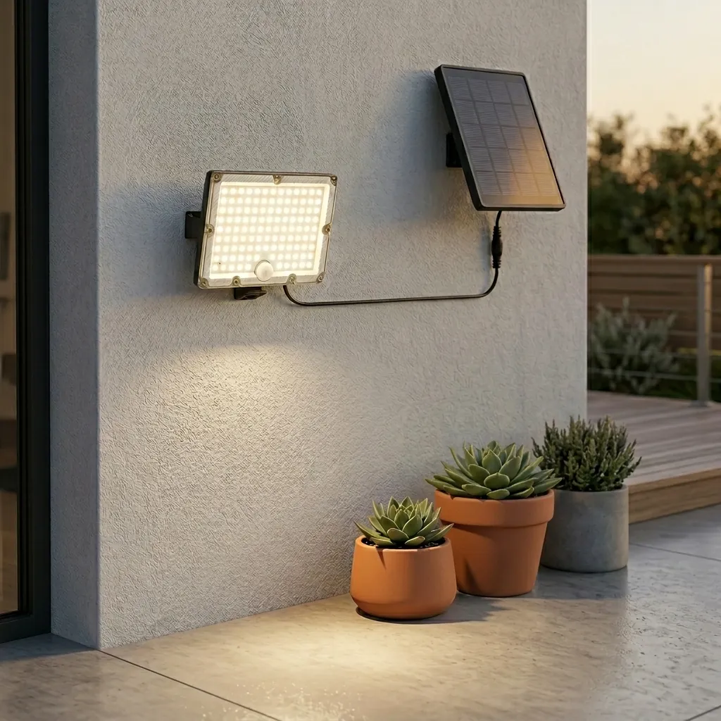 Мощен соларен LED прожектор FipTec с отделен соларен панел, монтиран на външна фасада. Осветителното тяло осигурява надеждна сигурност и отлична видимост в двора през нощта за Вашето пълно спокойствие.